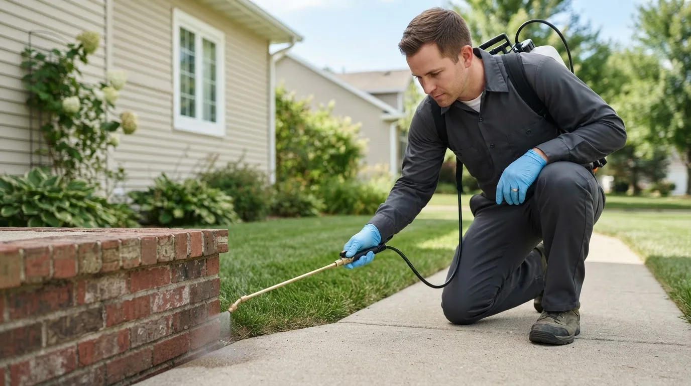 Pest control technician treating a home near Pierson, MI