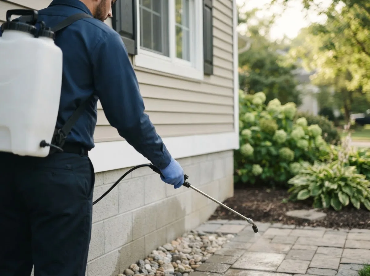 Pest control technician inspecting a home in Pierson, MI